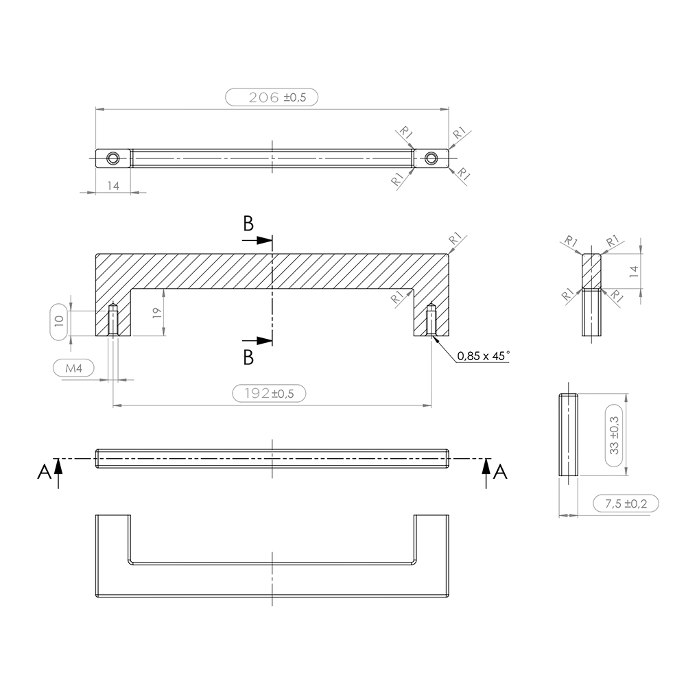 Ручка FLAT, L=206мм, м/о 192мм, латунь полірована Ручка FLAT, L=206мм, м/о 192мм, латунь полірована