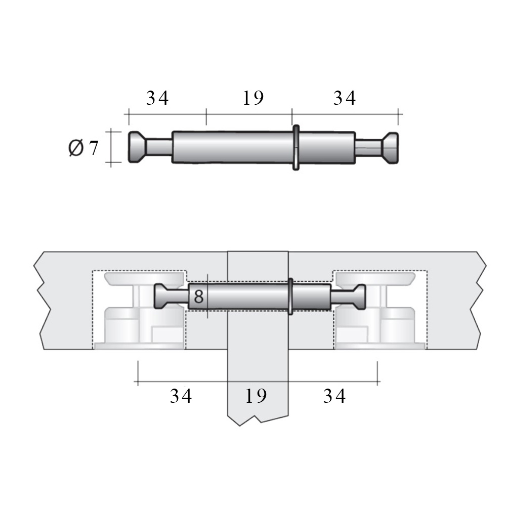 Болт 2-стор. D=7, I=34мм (сталь), ДСП 19мм  Болт 2-стор. D=7, I=34мм (сталь), ДСП 19мм