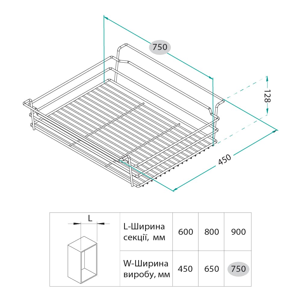 Кошик Ipnos висувний для шафи 900х450мм, чорний Кошик Ipnos висувний для шафи 900х450мм, чорний