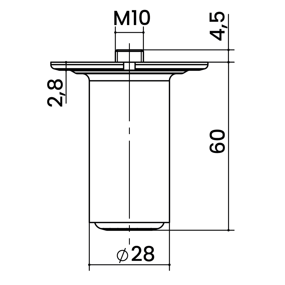 Опора круглая d=28мм, h=60мм с коннектором CT88 (d14х18мм), без покрытия