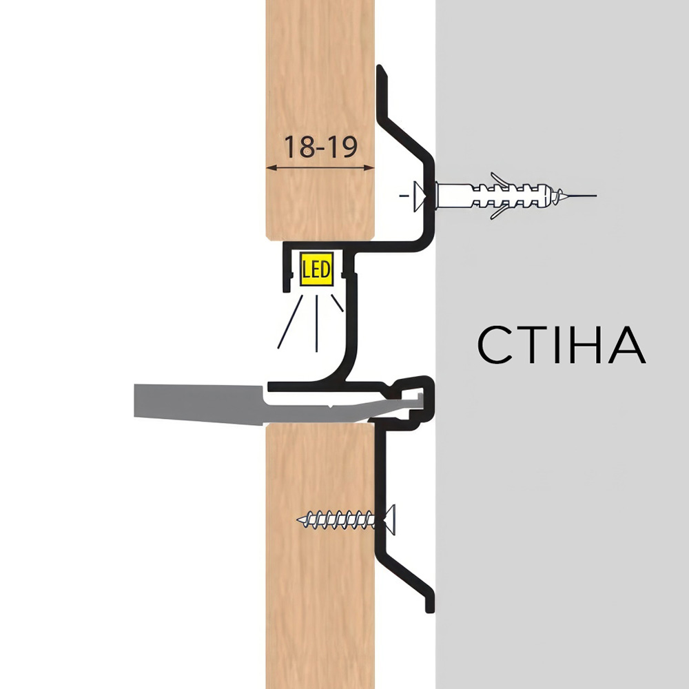 Профіль центральний під LED-підсвітку LINE3 для боузері панелей 18 мм, L = 4.35 м, чорний (алюміній анодований)