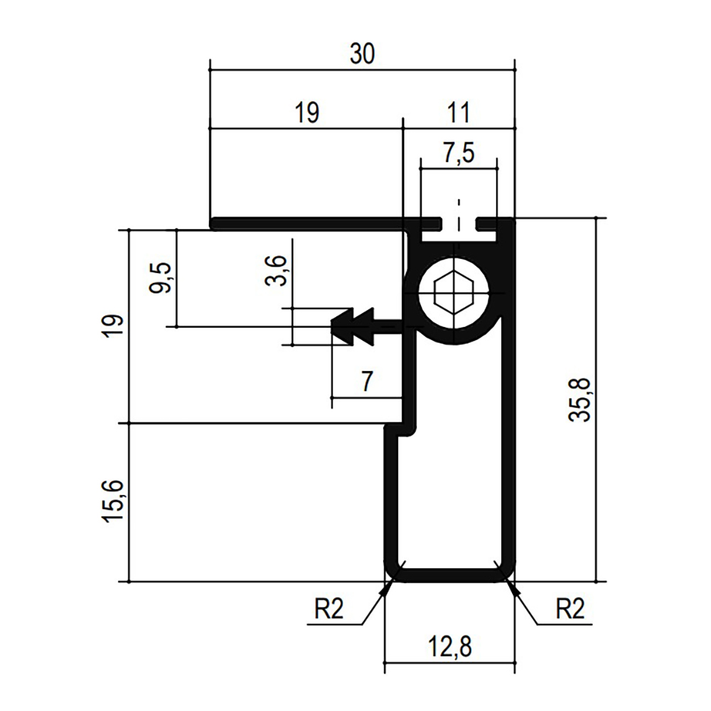 Профіль-ручка ST402 з вирівнювачем TN601 L=2600мм, алюміній (для дверей 19мм)