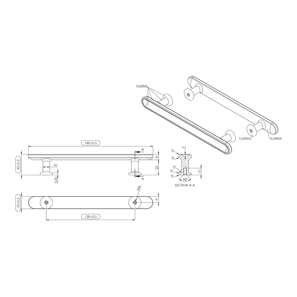 Ручка CHATEAU 180х18хh30мм, м/о 128мм, темне золото мат.