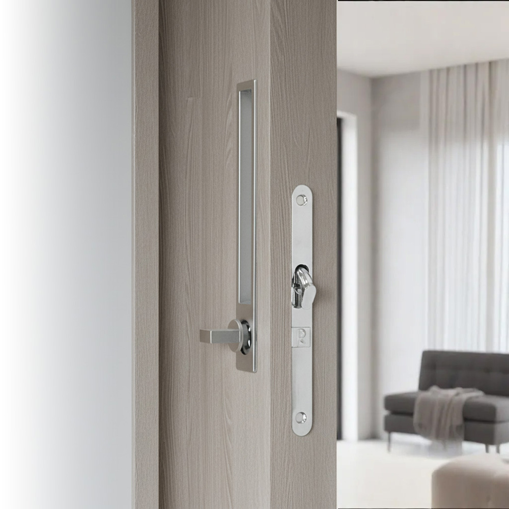 Врізна ручка з фіксатором для розсувних дверей (частково вбудованих), мат. алюм