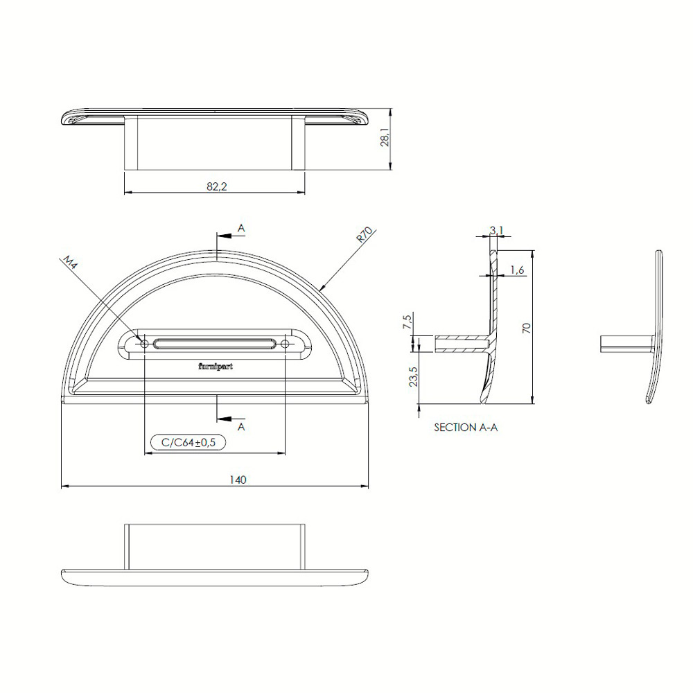 Ручка HORIZON LARGE 140х70хh28мм, м/о 64мм, латунь