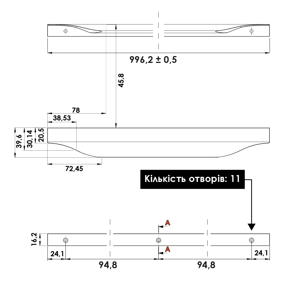 Ручка JAZZ, L= 996мм, м/о 9х94.22мм, нерж. браш Ручка JAZZ, L= 996мм, м/о 9х94.22мм, нерж. браш