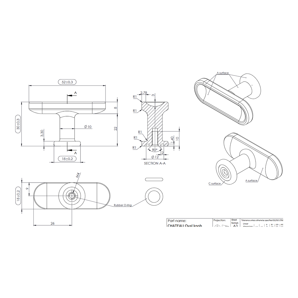 Ручка-кнопка CHATEAU 52х18хh30мм, темне золото мат.