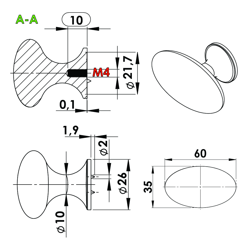 Ручка-кнопка OVAL SIMPLE 60х35х38мм, черный мат.