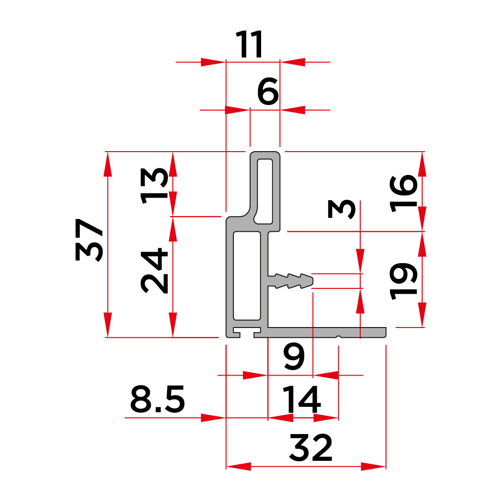 Ручка коротка H=2800мм зі щіткою, для товщини 18-19мм, чорний (алюм.)