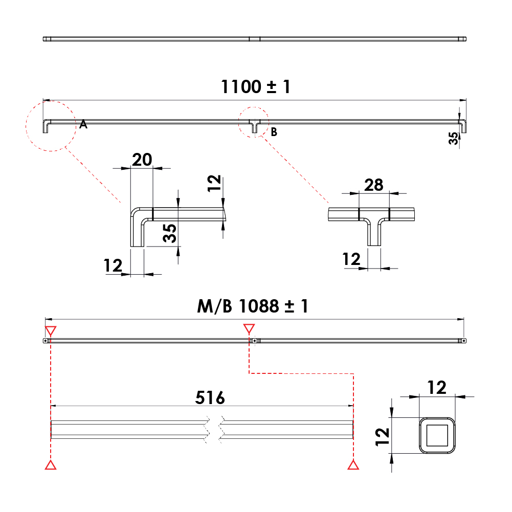 Ручка MANGO, L=1100мм, м/о 2x544мм, нерж Ручка MANGO, L=1100мм, м/о 2x544мм, нерж