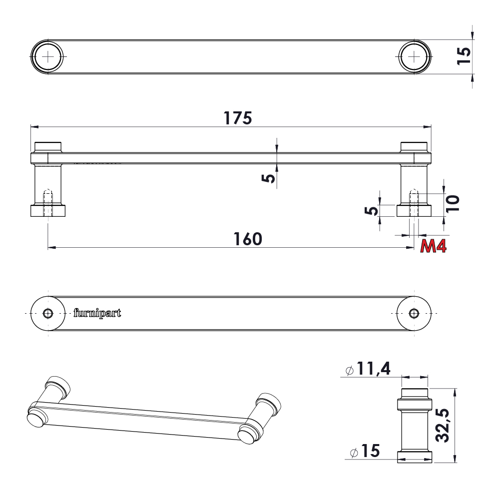 Ручка PILLAR 175х33хh15мм, м/о 160мм, черный мат.