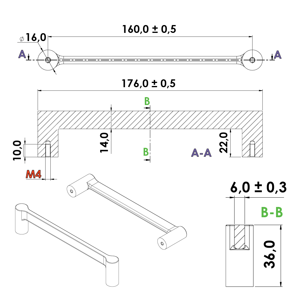Ручка SCOPE 176х16х36мм, м/о 160мм, черный мат.