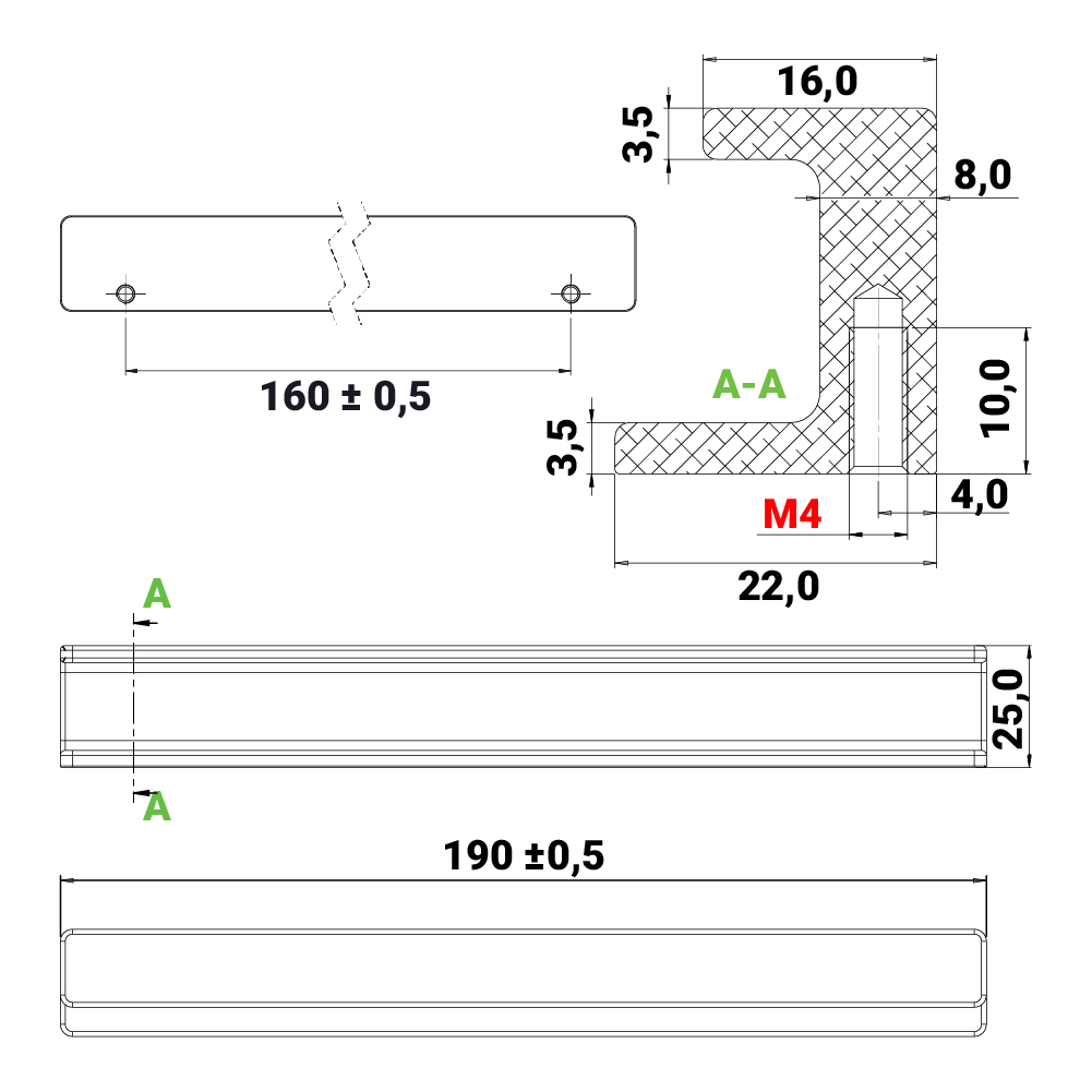 Ручка STATION 190х22х25мм, м/о 160мм, латунь