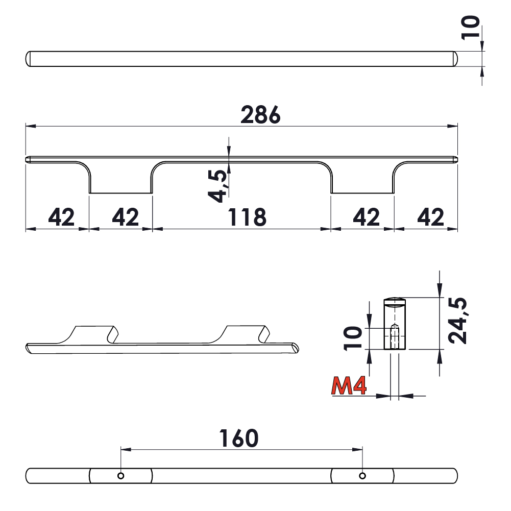Ручка TAU 286х10хh25мм, м/о 160мм, латунь