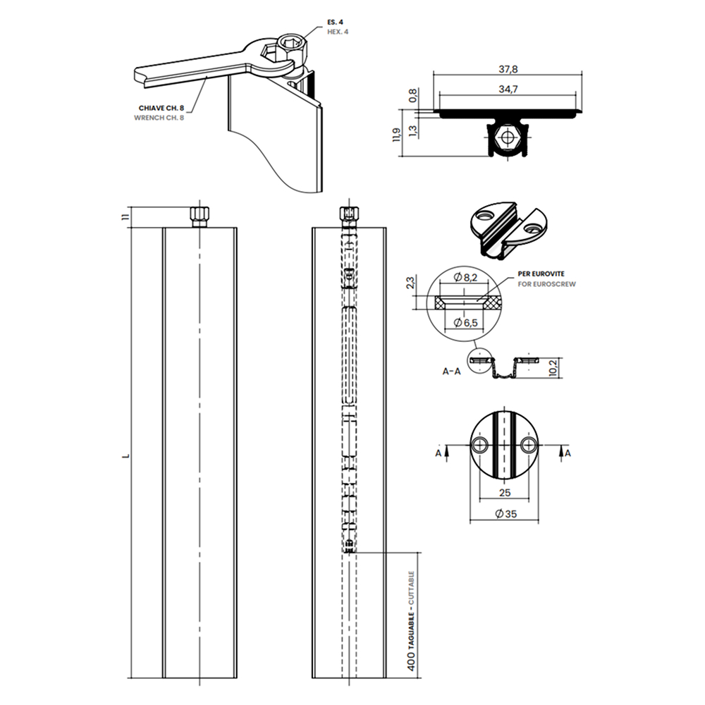Вирівнювач ST772.F серії ST770, L=2800мм, із 7-ма монтаж. кліпсами, під фарбування (алюм.)