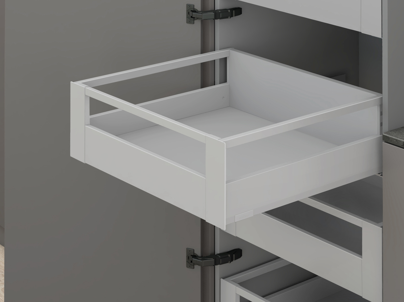 MERIVOBOX, 600 мм, 40 кг, E, з релінгами, TIP-ON BLUMOTION, IG-M (індіум сірий) MERIVOBOX, 600 мм, 40 кг, E, з релінгами, TIP-ON BLUMOTION, IG-M (індіум сірий)