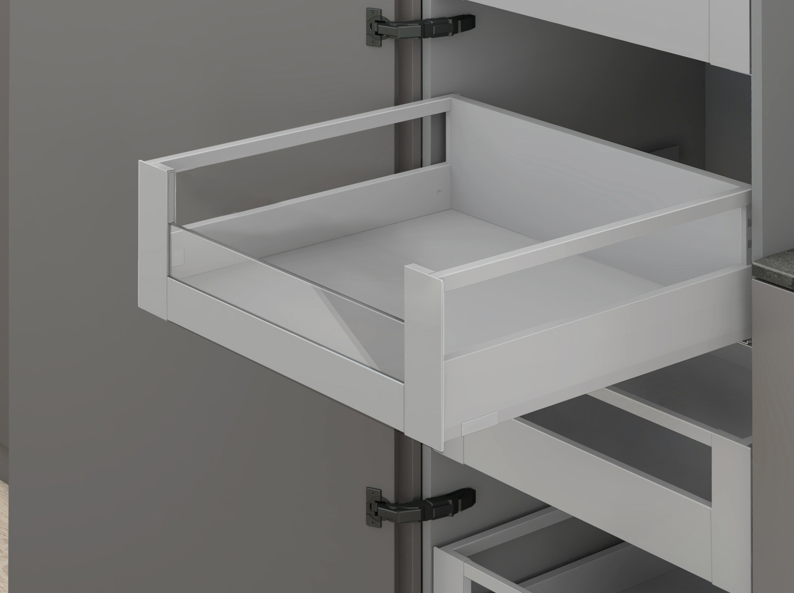 MERIVOBOX, 400 мм, 40 кг, E, з релінгами, TIP-ON BLUMOTION, IG-M (індіум сірий) MERIVOBOX, 400 мм, 40 кг, E, з релінгами, TIP-ON BLUMOTION, IG-M (індіум сірий)