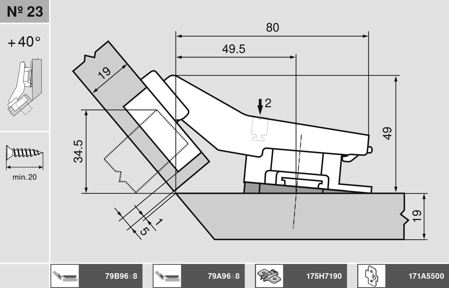 CLIP top BLUMOTION кутова завіса №023A (+40°), для ДСП/МДФ, напівнакладна I, під саморізи CLIP top BLUMOTION кутова завіса №023A (+40°), для ДСП/МДФ, напівнакладна I, під саморізи