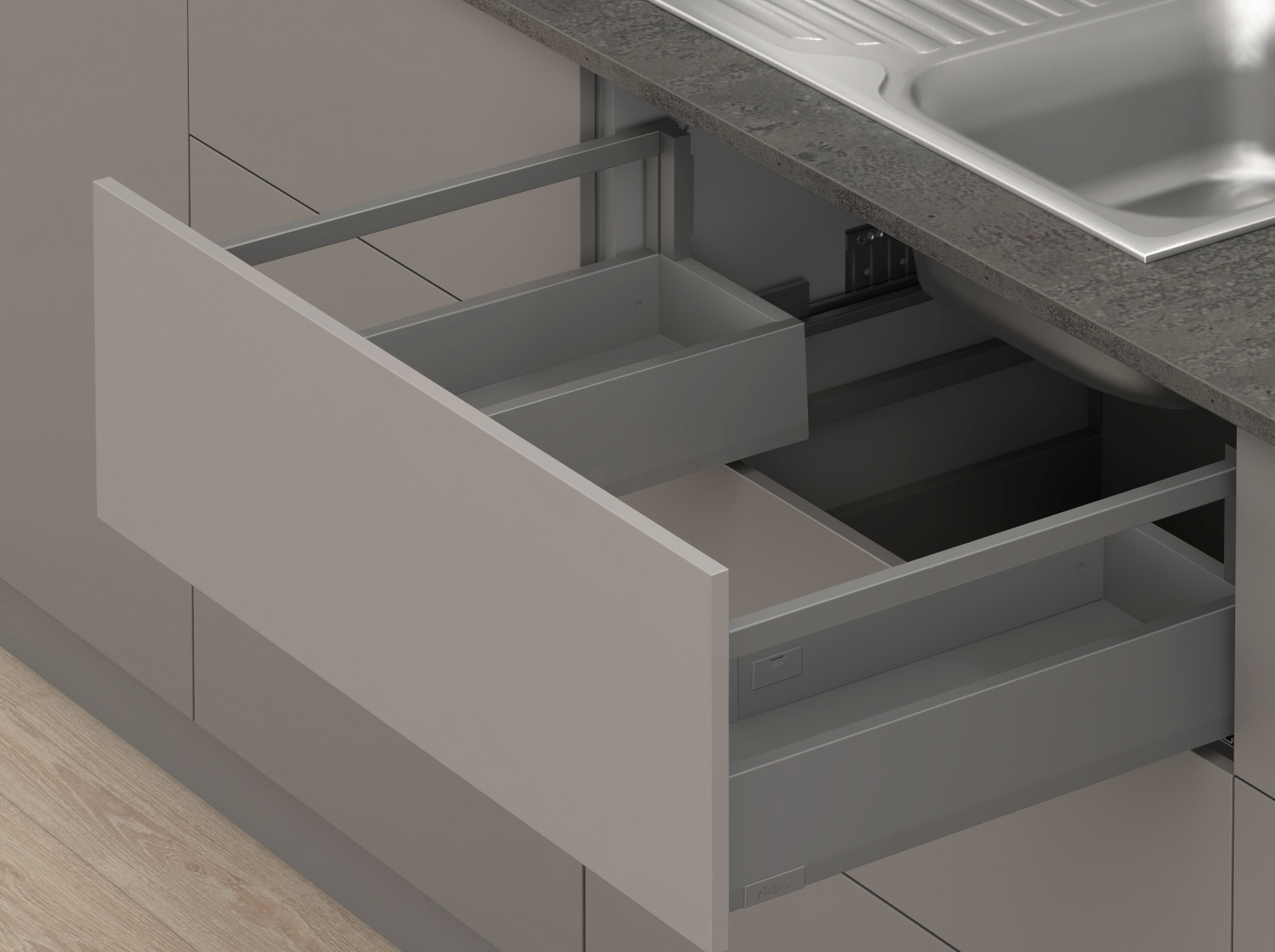 Шухляда під мийку, MERIVOBOX, NL=500 мм / 70 кг, висота E, з релінгами Шухляда під мийку, MERIVOBOX, NL=500 мм / 70 кг, висота E, з релінгами