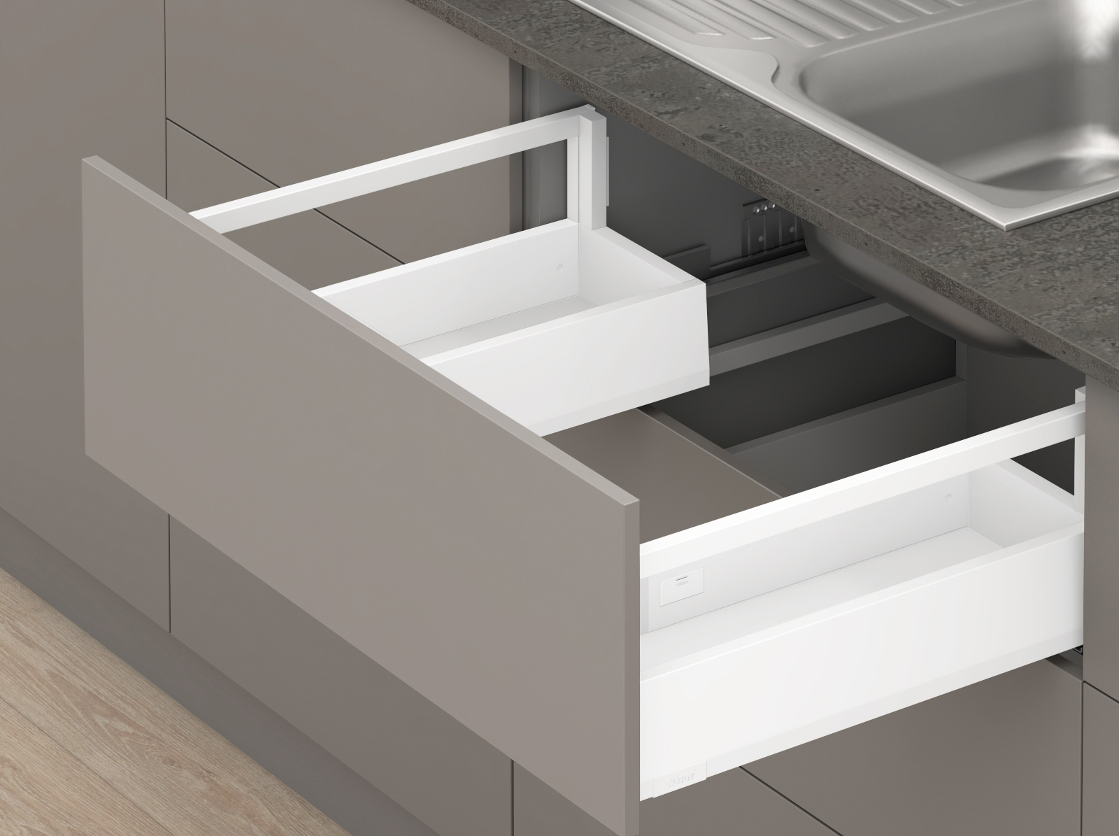 Шухляда під мийку, MERIVOBOX, NL=500 мм / 40 кг, висота E, з релінгами Шухляда під мийку, MERIVOBOX, NL=500 мм / 40 кг, висота E, з релінгами